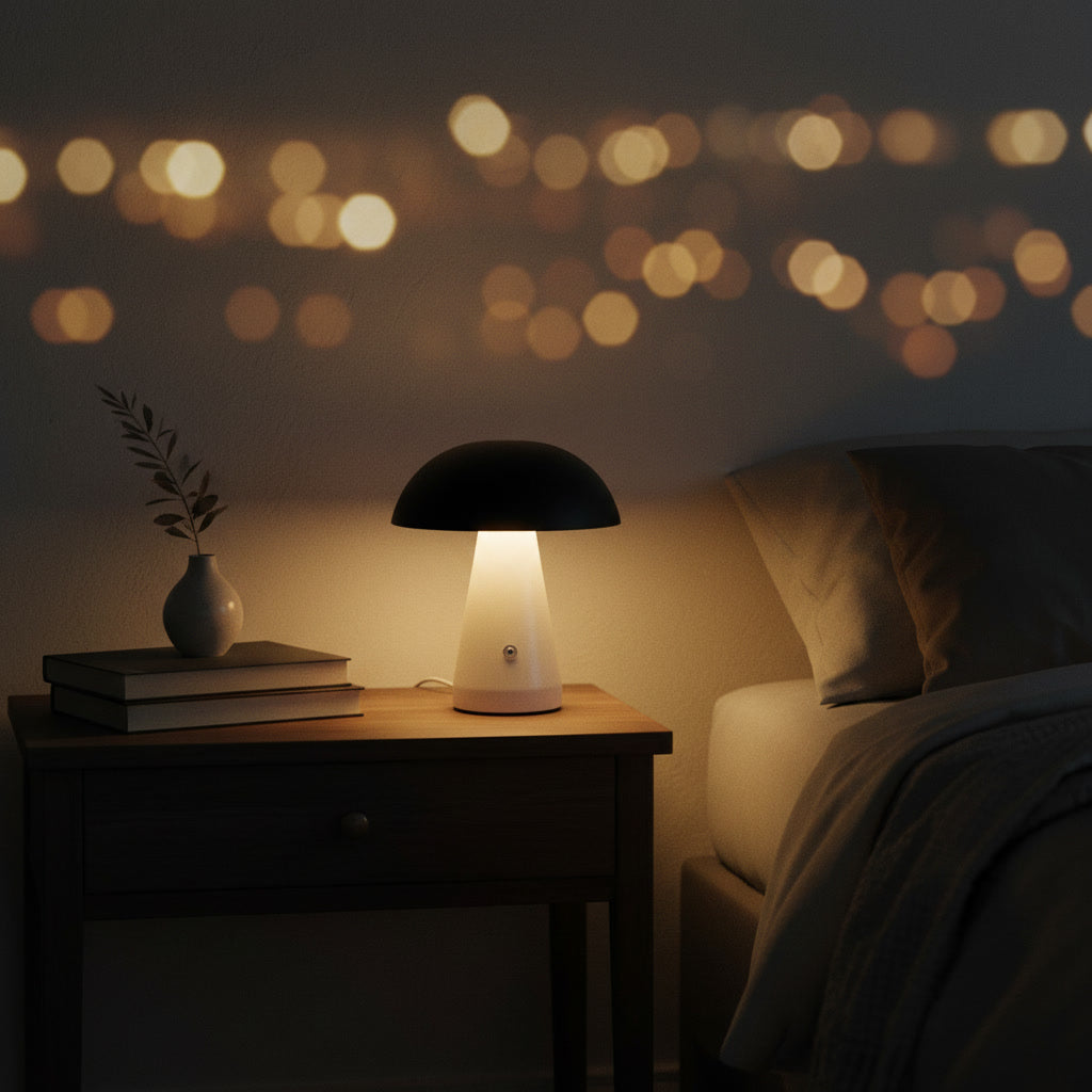Lampe champignon LED noir blanc portable sans fil autonomie 6-8h design minimaliste contemporain sophistiqué