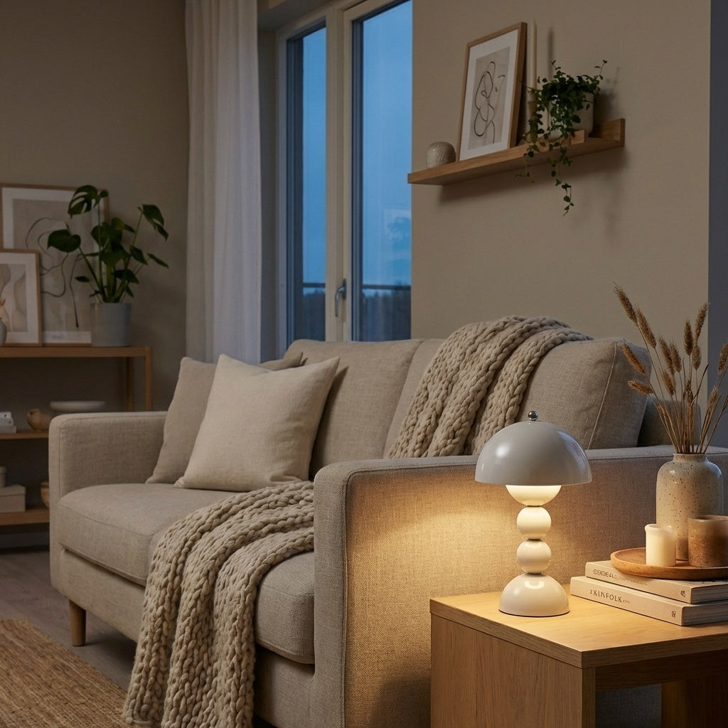 Lampe champignon blanche design scandinave allumee ambiance salon cosy LED tactile sans fil rechargeable pied boules moderne nordique