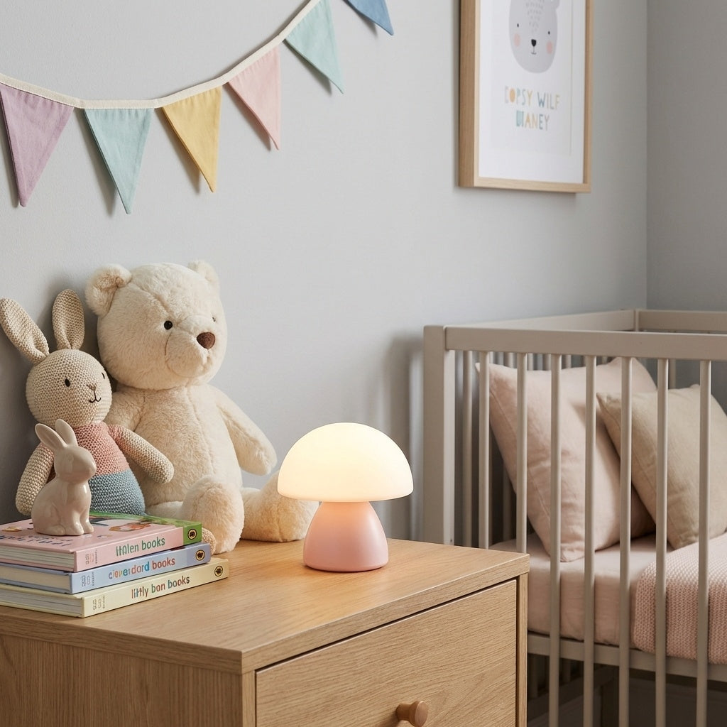 Lampe champignon rose veilleuse LED allumee chambre enfant bebe ambiance douce tactile sans fil rechargeable table chevet