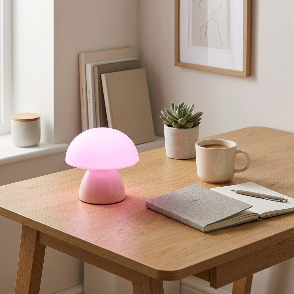 Lampe champignon rose LED tactile veilleuse nomade sans fil rechargeable USB silicone doux decoration moderne enfant