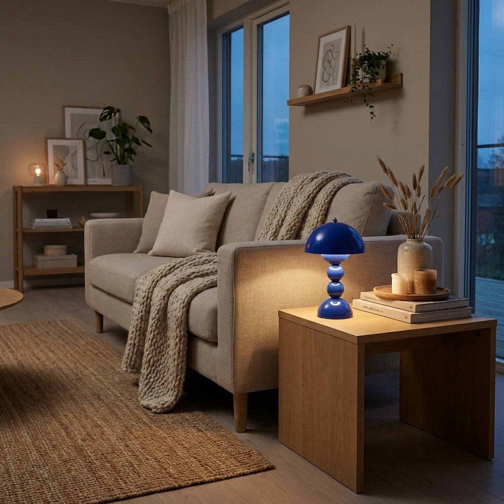 Lampe champignon bleue design scandinave allumee salon cosy LED tactile sans fil rechargeable pied boules moderne nordique echelle reelle 30cm