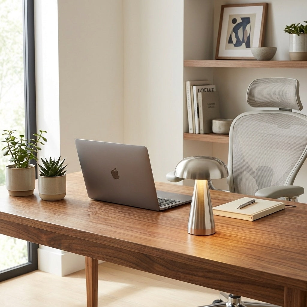 Lampe champignon argentee mushroom tactile LED design art deco moderne metal aluminium bureau workspace sans fil USB professionnelle