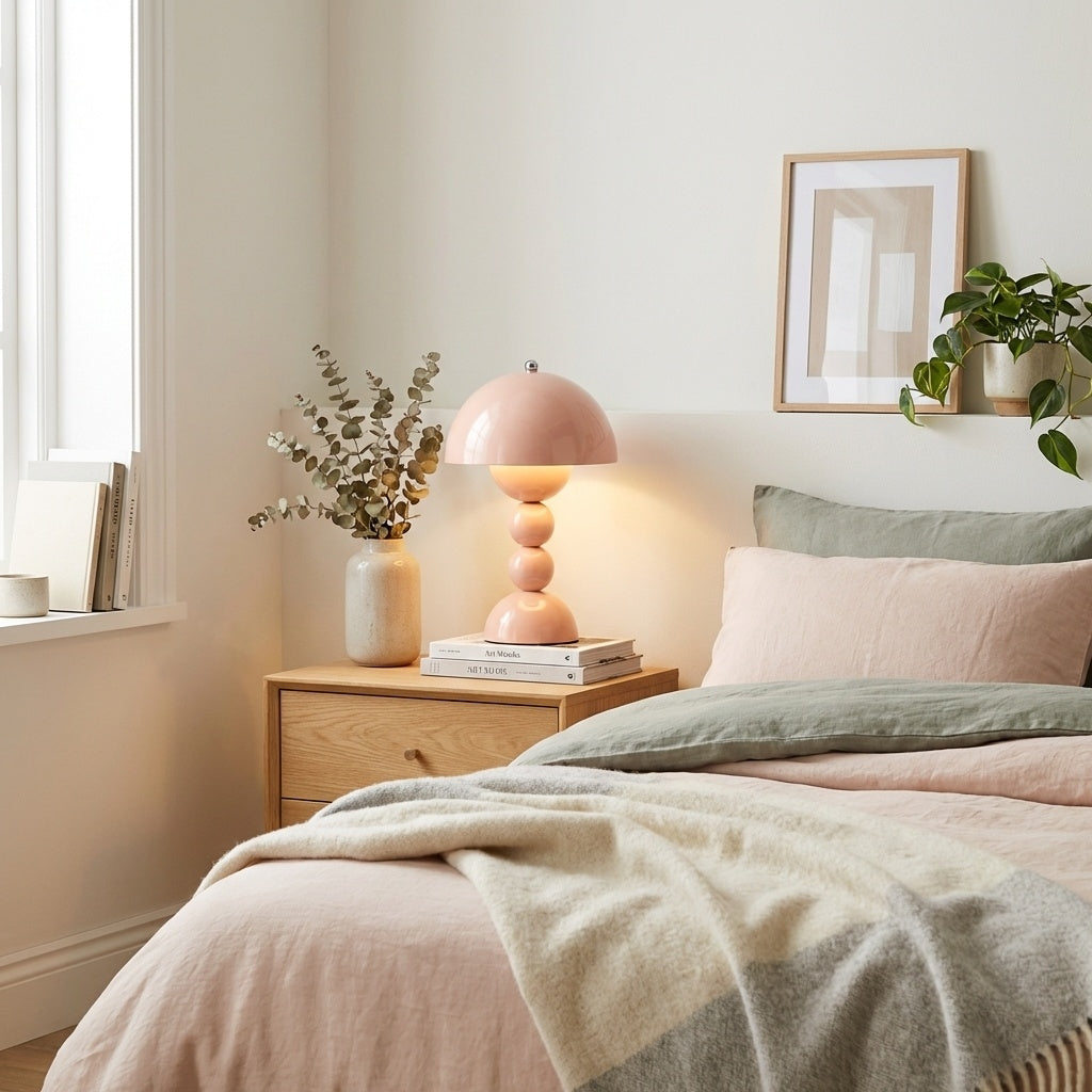 Lampe champignon rose design scandinave allumee ambiance chambre salon LED tactile sans fil rechargeable pied boules moderne nordique